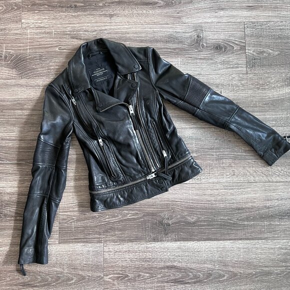 AllSaints Slim Fit Leather Biker Jacket US Size 0 - Picture 1 of 16